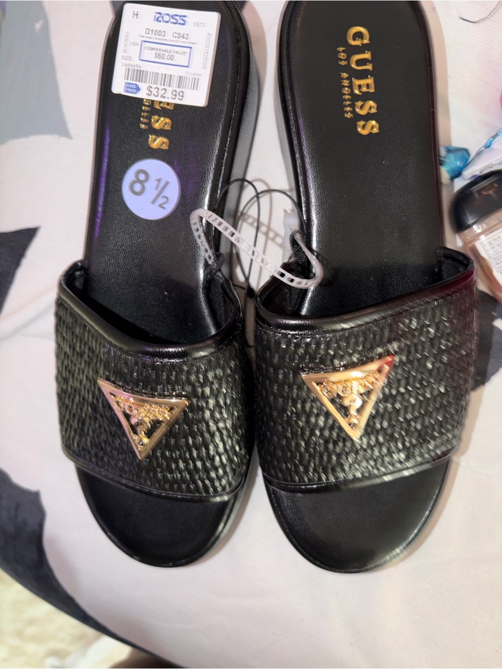 GUESS Black Slide Sandals with Gold Triangle Logo